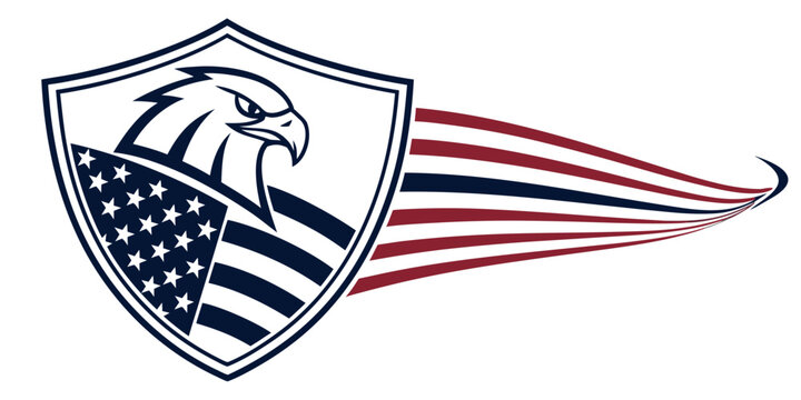 American flag shield emblem featuring a bald eagle head and trailing stripes, patriotic in red, white, and blue
