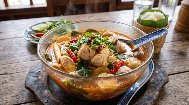 Steaming Tom Yum Soup: A vibrant and aromatic bowl of Tom Yum soup, brimming with succulent seafood, fragrant herbs, and spicy chili, served traditionally with a side of fluffy rice.