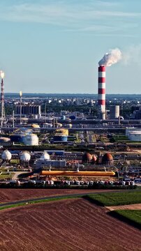 Aerial view of the Orlen refinery complex with its iconic red and white striped chimney, storage tanks, and flare stacks amidst industrial infrastructure in Plock, Mazowieckie, Poland.