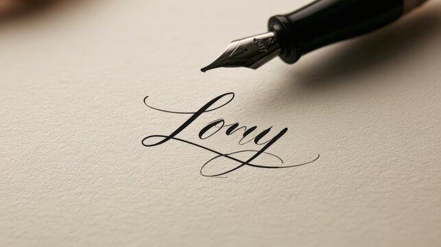 A fountain pen writes elegant calligraphy on textured parchment paper with warm lighting. Ideal for stationery and creative design concepts.