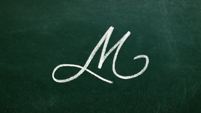 Letter M handwritten in white chalk on a green chalkboard background. Educational concept for school and literacy designs.