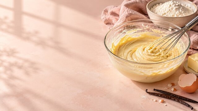 Cake Batter and Whisk with Eggs and Butter on a Peach Baking Counter