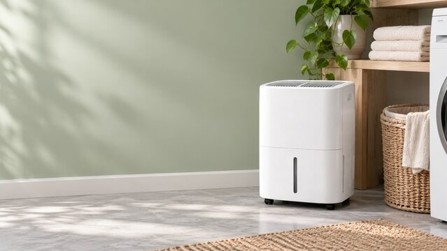 White Dehumidifier Beside a Laundry Basket and Folded Cream Towels
