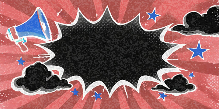 Empty Comic Book Speech Bubble with Megaphone and Stars graphic explosion comic speech bubble with red and white striped background, a megaphone, black clouds, and blue stars.