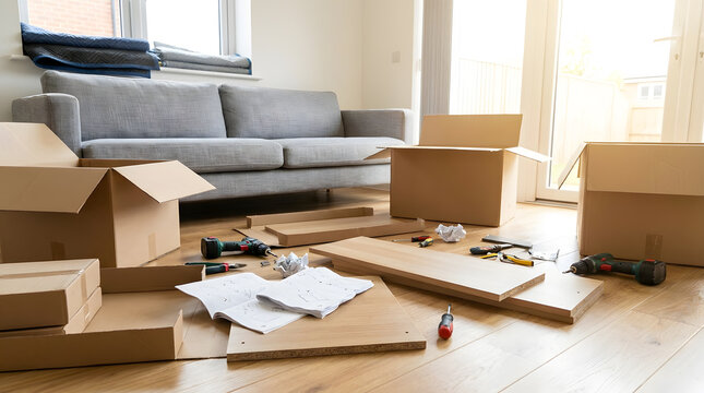 Flat Pack Furniture Assembly Parts and Tools in Living Room | DIY Wooden Furniture Installation with Cardboard Boxes and Cordless Drill | Flatpack Wooden Furniture Assembly Set on Hardwood Living Room