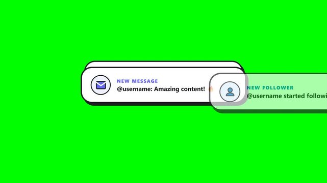 Social media notification pop up for likes and followers on green. 4k