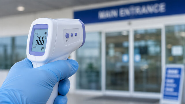 Gloved hand using infrared thermometer at hospital entrance for contactless body temperature screening