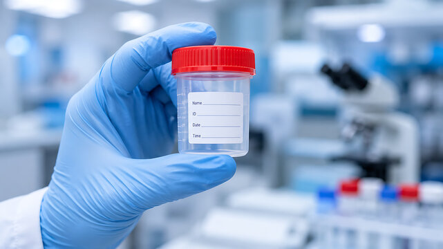 Gloved hand holding labeled specimen container in a blurred laboratory setting