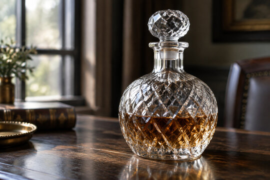 A classical cut-glass decanter resting on a dark wood surface, softly lit by window light.