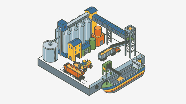 Isometric Industrial Grain Processing and Logistics Facility with Storage Silos and Transport