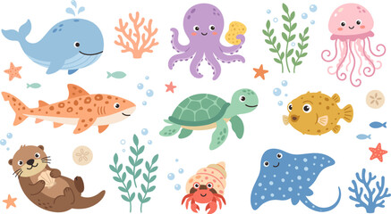 Fototapeta premium Cute Sea Animals and Marine Life Character Set with Whale, Turtle, Shark, Otter, Octopus, Stingray, and Coral Vector Illustration