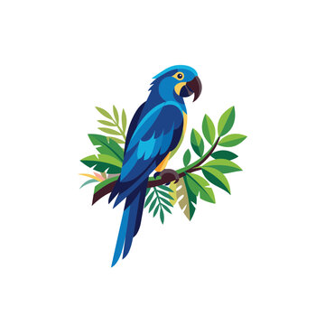Geometric blue hyacinth macaw parrot illustration perched on a tropical tree branch with green jungle leaves. Flat vector design of an exotic bird isolated on white background.