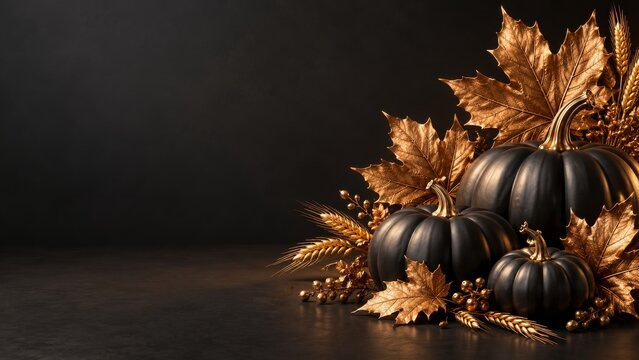 Bronze leaves with black pumpkins and golden wheat for a Thanksgiving background