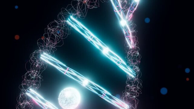 Glowing 3D DNA strand abstract visualization with intricate neon-blue and pink interlaced structures and floating particles, perfect for biotech and genetic research concepts