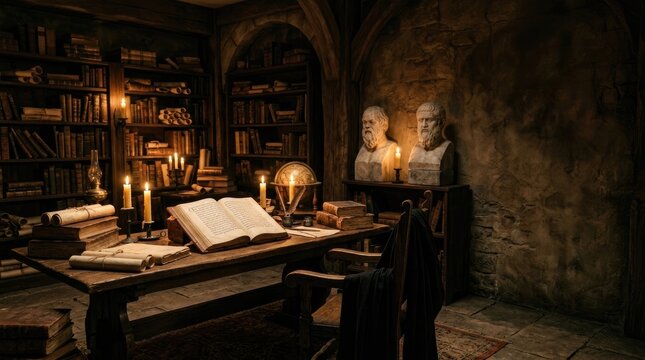 A dimly lit study showcases a weathered wooden desk overflowing with ancient books and scrolls. A bust of a wise, bearded man sits on the desk alongside a brass astrolabe and several lit candles.