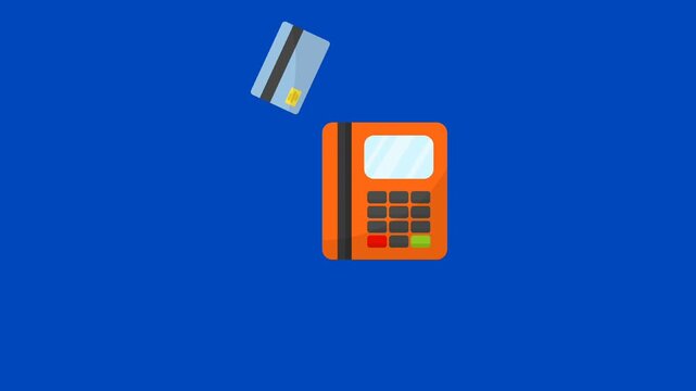 Credit card swiping through POS terminal animation, electronic payment concept on blue background.