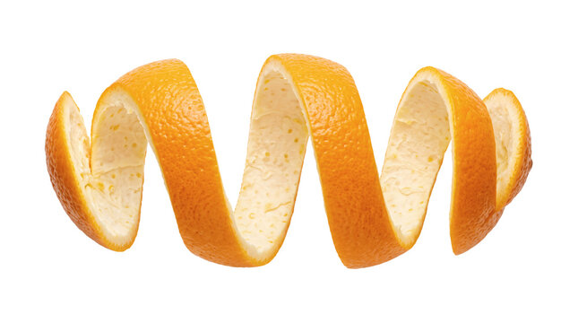 Curl ribbon of fresh orange citrus fruit on transparent background. Twisted aromatic rind zesting ribbon. Cocktail garnish bartender flavoring ingredient creates fresh culinary visual.