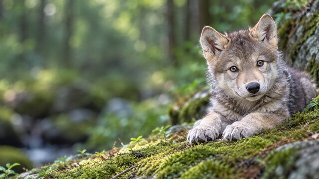 Gray Wolf Pup Resting on a Mossy Rock Beside a Softly Blurred Forest Stream