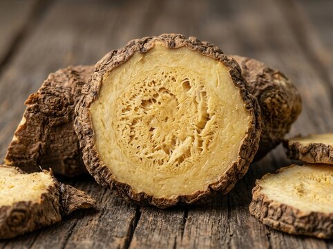 Whole and sliced raw mandrake root on a rustic wooden table medicinal herb witchy ingredient close up