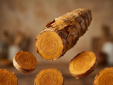 Whole and sliced turmeric root floating in the air studio shot natural light warm colors