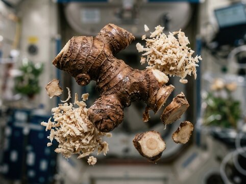 Ginger root floating in zero gravity inside a space station module with shredded ginger scattered around