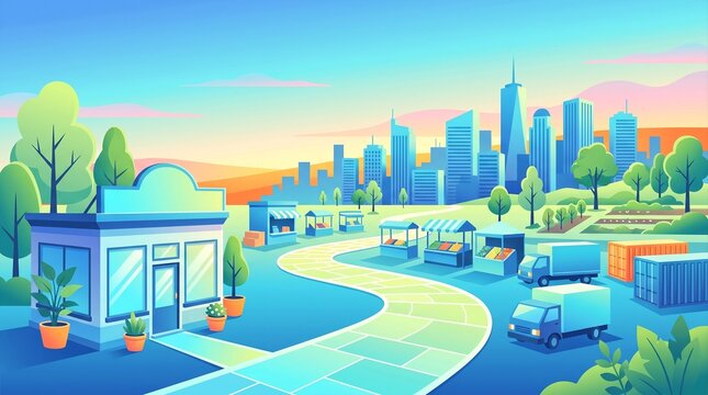 Colorful illustration of city street with shop at sunset, urban commerce concept design.