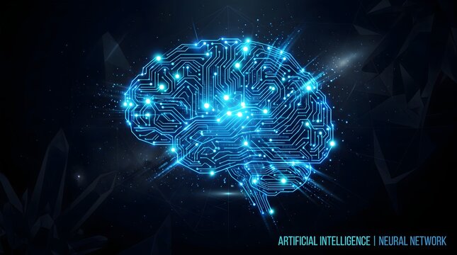Glowing circuit board brain featuring bright connecting nodes and subtle binary data elements, illustrating artificial intelligence and microchip processing.