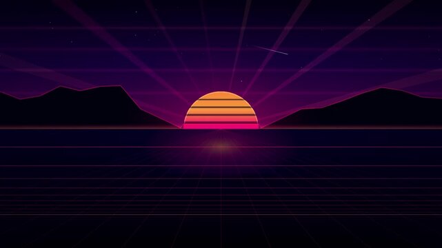 Retrofuturistic animated sunset render featuring a neon sun over a digital grid landscape