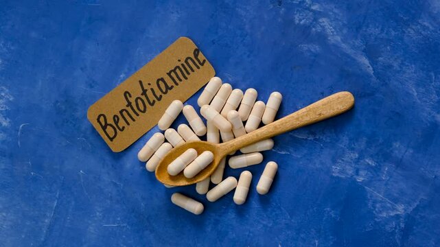 Benfotiamine capsules and vitamin supplements. Selective focus.