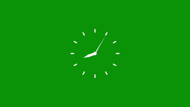 Clock animation with fast moving hands showing time lapse sequence on green background for video projects isolated design element rotating mechanical dial pointers flat style.