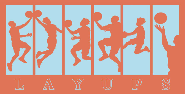 Dynamic Basketball Layup Sequence Graphic with Text.
