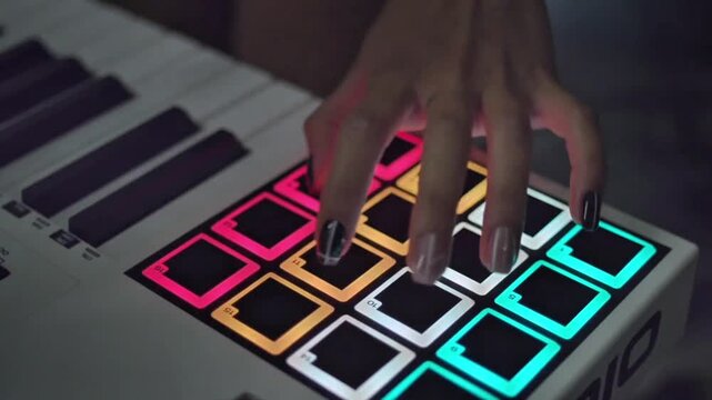 Musician Hand Playing Backlit MIDI Controller Drum Pads