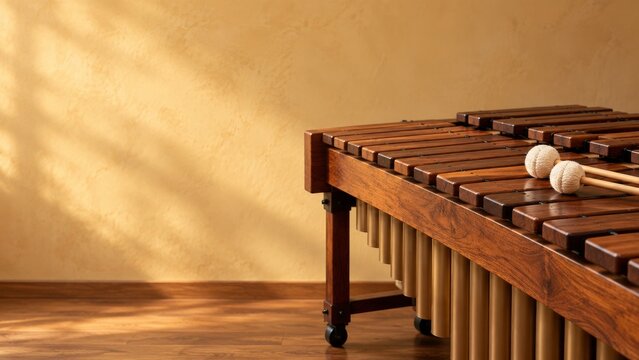 Wooden marimba bars with white mallets beside an ochre studio wall