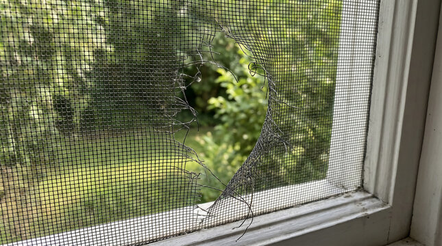 A close-up of a torn window screen with a jagged hole, showing green foliage outside in daylight.
