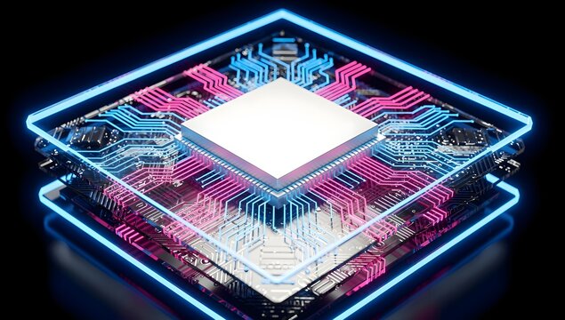 Futuristic microchip with glowing blue and pink circuitry, advanced semiconductor technology, neon processor design and high performance digital computing hardware