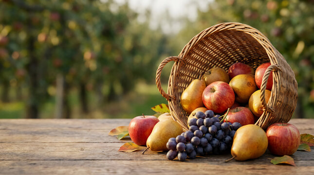 A wicker basket tipped over on a wooden table with apples, pears, and grapes spilling out in an outdoor orchard setting.