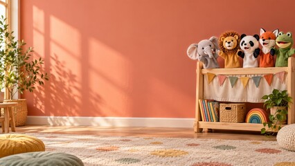 Fototapeta premium Colorful Animal Hand Puppets on a Wooden Stand against a Coral Wall