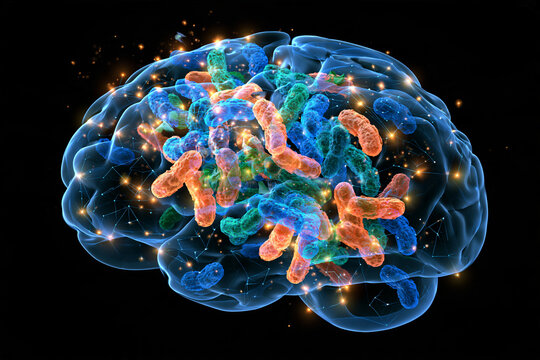 Gut bacteria shaped like constellations around a brain silhouette highlighting microbiome mood science and gut brain biochemistry