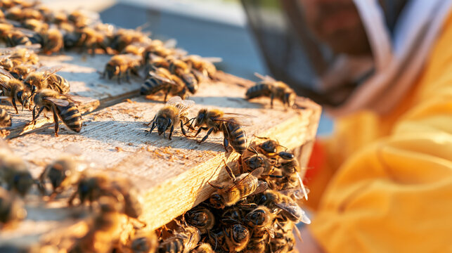 Rooftop beekeeper hive close up bees clustering at wooden hive with warm sunlight and protective clothing