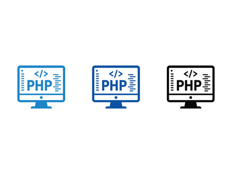 Set of PHP programming language icons on computer monitor screens.