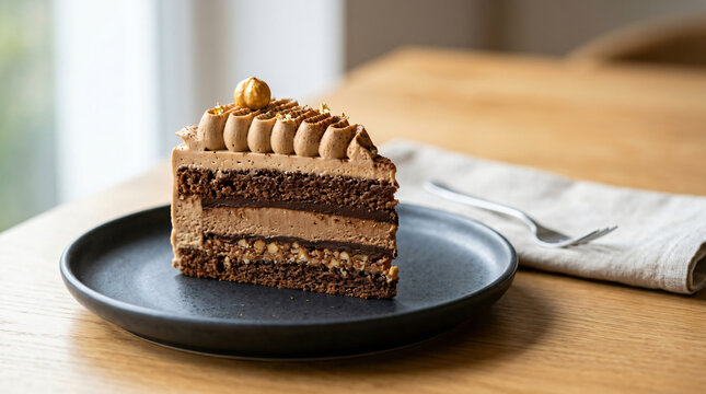 A delicious slice of chocolate hazelnut cake served on a dark plate.