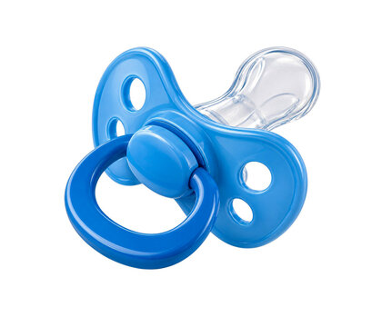 Blue baby pacifier dummy with silicone teat isolated on clean white background