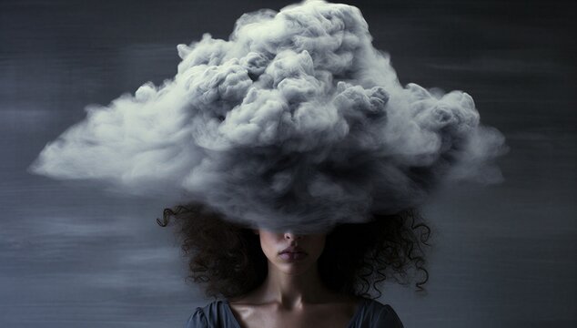 Woman portrait with storm cloud over head symbolizing mental health, depression, borderline disorder, anxiety, and inner turmoil.