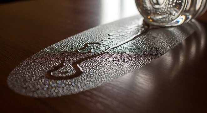 Spilled water puddle on a dark wooden table surface.