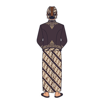 Javanese traditional attire with Beskap jacket, Blangkon headwear, and batik parang sarong back view.
