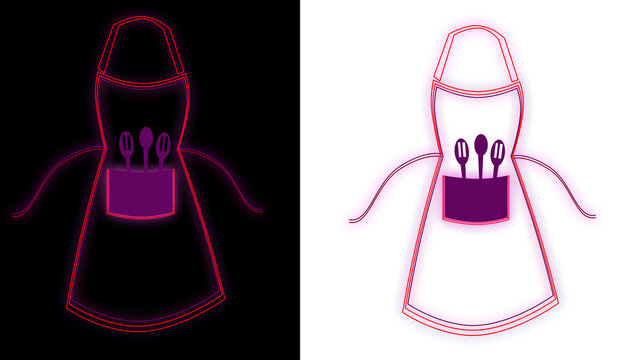 Neon glowing Kitchen  apron and utensils against a dark black and transparent png  background. Chef uniform for baking.