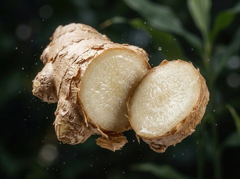 Fresh Ginger Root Slice Zingiber Officinale Healthy Spice with Water Droplets on Dark Green Leafy Background