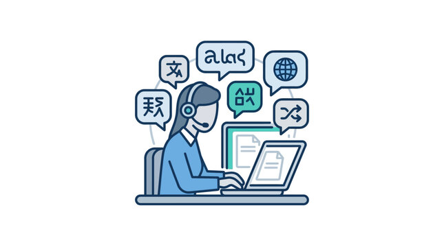 Professional Translator Working on Laptop with Multilingual Speech Bubbles