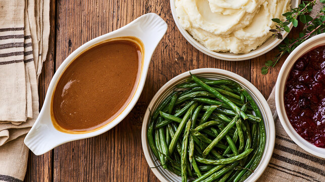 Thanksgiving dinner table overhead view with gravy boat, mashed potato, green bean, cranberry sauce, and rustic linen setting