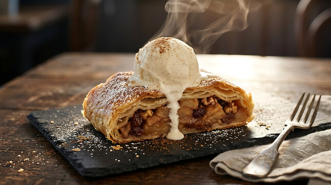 A warm slice of apple strudel topped with melting vanilla ice cream served on a dark slate platter